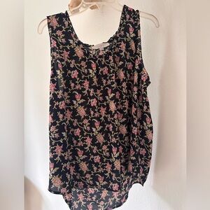 LOFT Black Floral Tank with Pink & Green Vine Print
